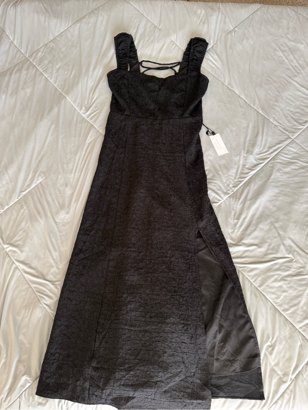 Astr Black Textured Maxi Dress with Side Slit and Ruched Straps Lace Up Back